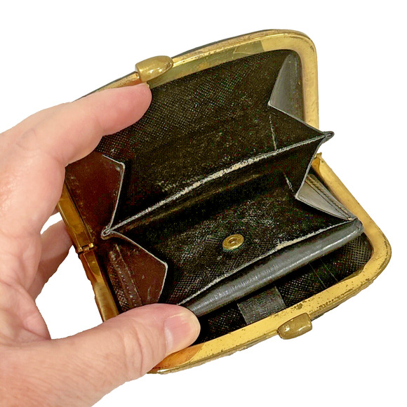 Vintage Coin Purse Black Moc Croc Leather Brass Hardware Snap Closure Wallet - Picture 6 of 9